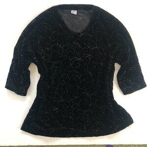 Cabernet Black Floral Velvet Burnout Top XL Oversized Roomy 3/4 Sleeves